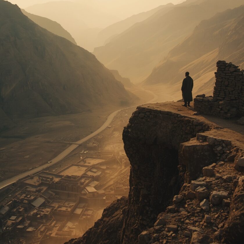 Paisagem montanhosa do Afeganistão na cadeia Hindu Kush com ruínas históricas