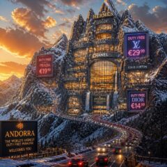 Conceito visual de Andorra transformando montanhas dos Pirenéus num centro comercial