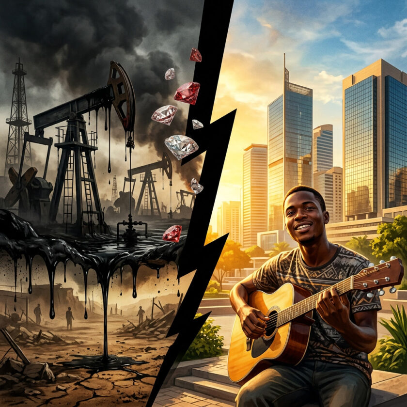 Ilustração concetual da história de Angola entre petróleo diamantes e cultura