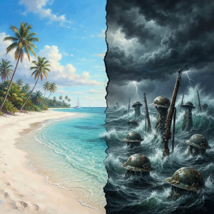 Conceito visual de Anguilla entre praias paradisíacas e o histórico desembarque de tropas britânicas