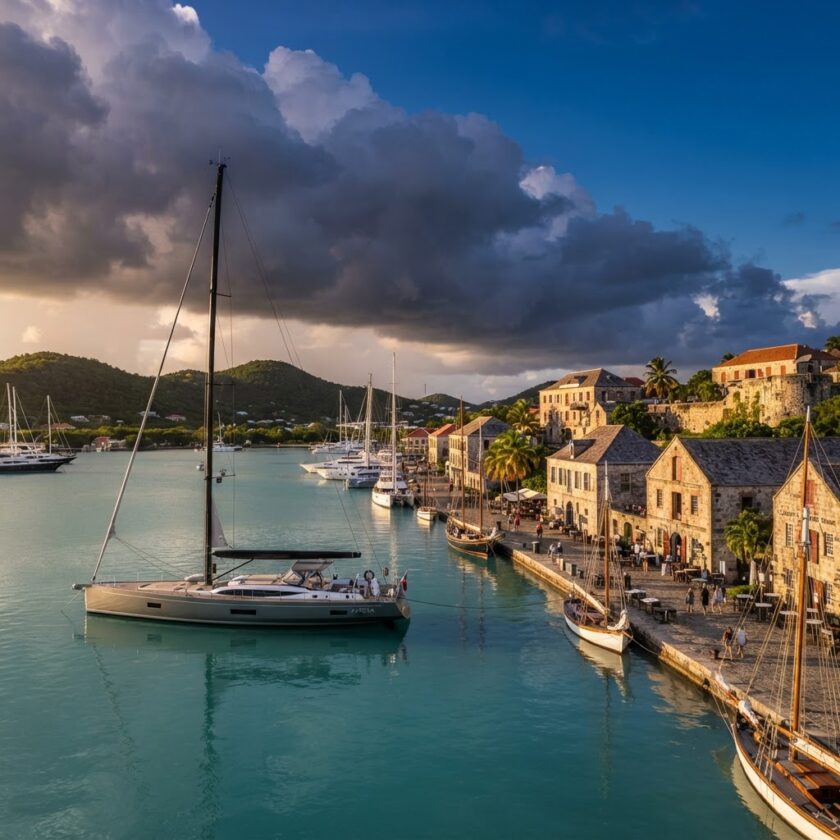 Vista panorâmica do porto histórico de Nelson's Dockyard em Antígua e Barbuda com barcos ancorados em águas cristalinas.