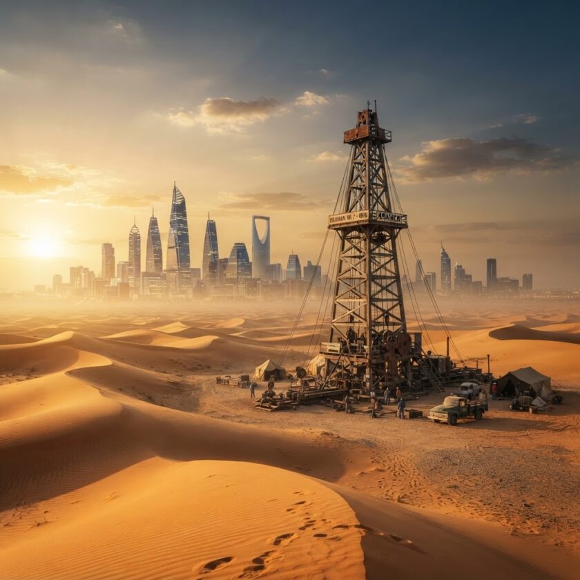Ilustração conceitual da descoberta do petróleo na Arábia Saudita e sua transformação de deserto em potência global.