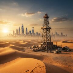 Ilustração conceitual da descoberta do petróleo na Arábia Saudita e sua transformação de deserto em potência global.