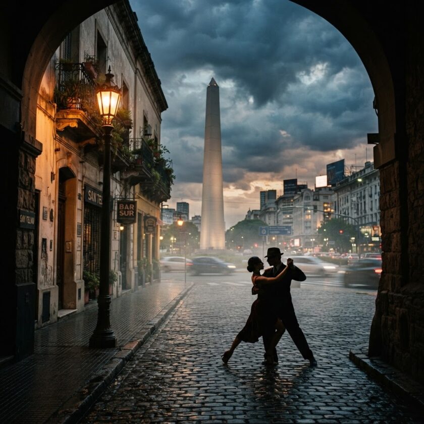 Paisagem urbana de Buenos Aires simbolizando a rica cultura, a resiliência e a história política da Argentina.