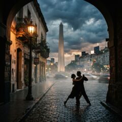 Paisagem urbana de Buenos Aires simbolizando a rica cultura, a resiliência e a história política da Argentina.