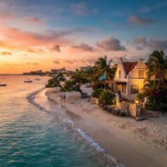 Praia paradisíaca em Aruba com águas turquesa e elementos arquitetónicos que simbolizam a autonomia e ligação ao Reino dos Países Baixos.