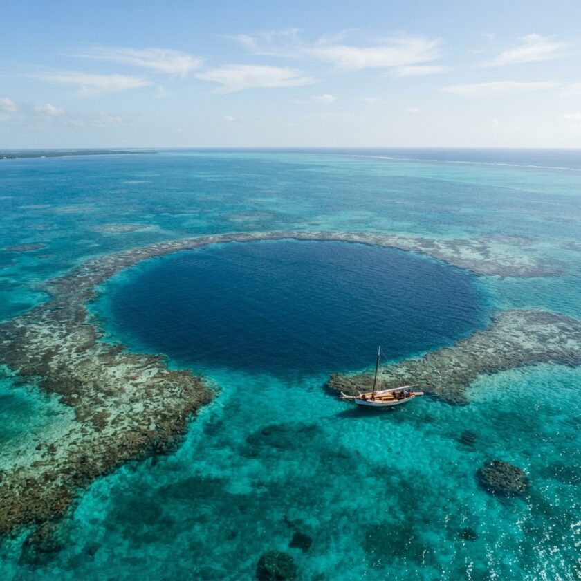 Vista aérea do Great Blue Hole nas Caraíbas rodeado por águas azul-turquesa e recifes em Belize sob iluminação natural do dia.