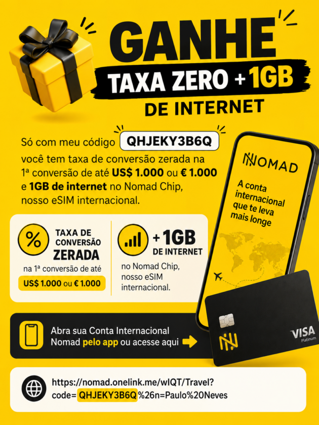 Oferta Nomad: taxa de conversão zero até US$ 1.000 ou € 1.000 e 1GB de internet no Nomad Chip