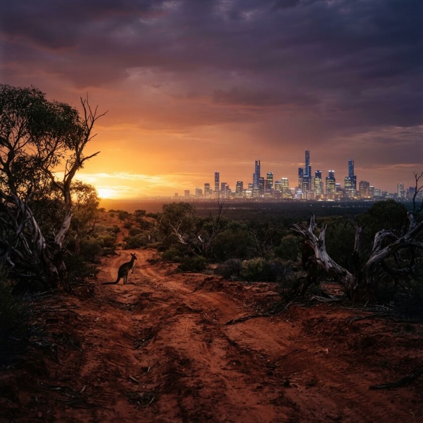 Paisagem do Outback australiano com terra vermelha ao pôr do sol representando a sobrevivência e a natureza da Austrália.