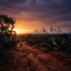 Paisagem do Outback australiano com terra vermelha ao pôr do sol representando a sobrevivência e a natureza da Austrália.