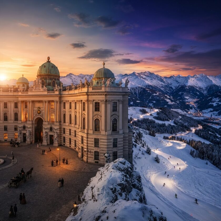 Paisagem dos Alpes austríacos cobertos de neve representando a Áustria moderna e a transição da sua história imperial para o esqui.