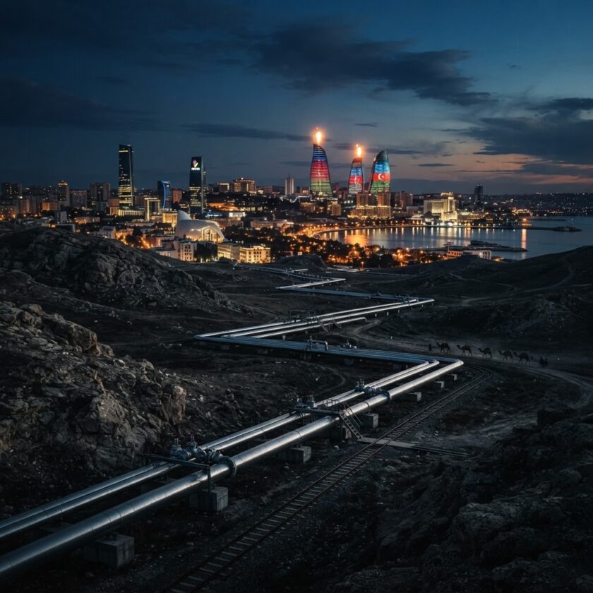Oleodutos atravessando a paisagem do Azerbaijão em direção à cidade de Baku ao pôr do sol, simbolizando o papel energético do país.