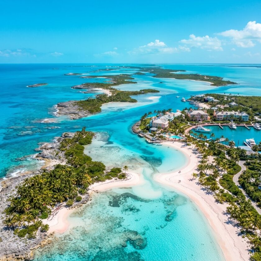 Vista aérea de praias de areia branca e águas azul-turquesa nas ilhas Bahamas em um dia ensolarado.