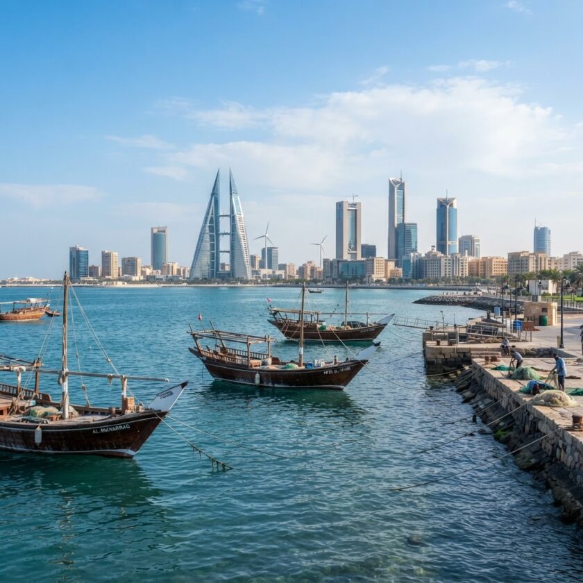 Barcos tradicionais dhow na costa do Bahrein com os edifícios modernos de Manama ao fundo durante o dia.