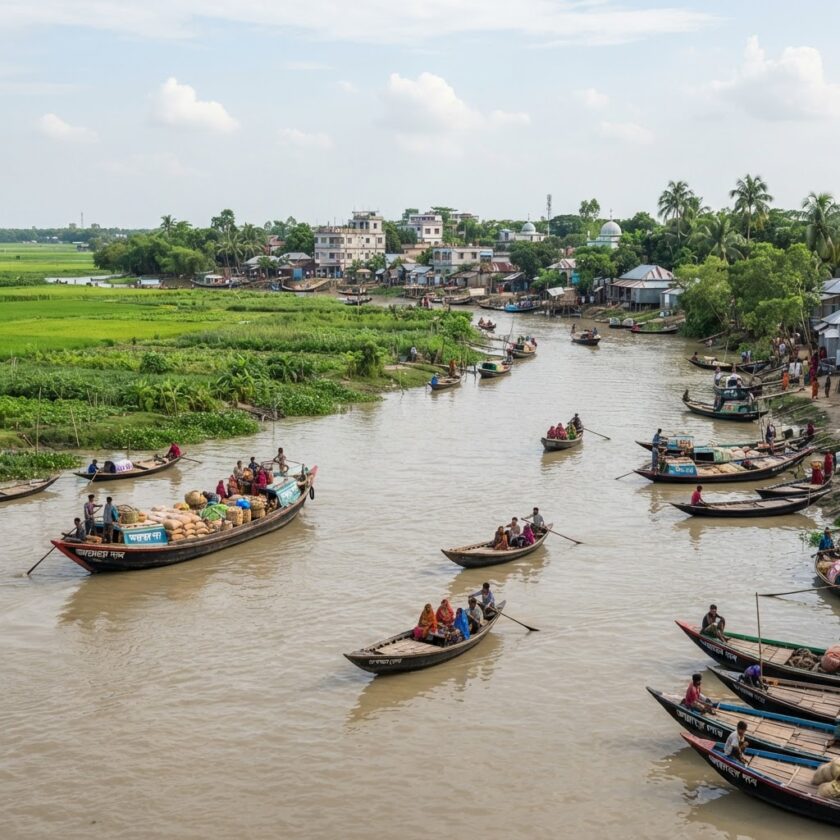 Barcos tradicionais navegando nos rios do delta em Bangladesh com campos agrícolas ao fundo sob luz natural.