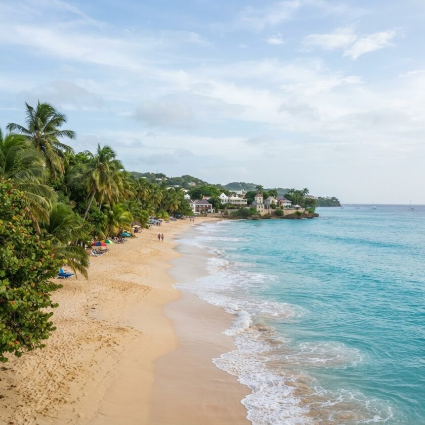 Praia de águas azul-turquesa e palmeiras na costa de Barbados sob iluminação natural do dia.