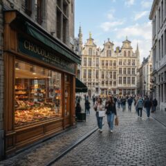 Fachada de uma chocolataria tradicional em uma rua de paralelepípedos em Bruxelas com edifícios históricos ao fundo.