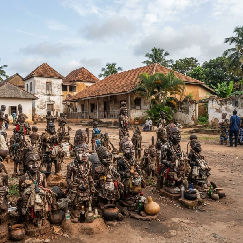 Esculturas e monumentos tradicionais do Vodun em Ouidah no Benim sob iluminação natural do dia.