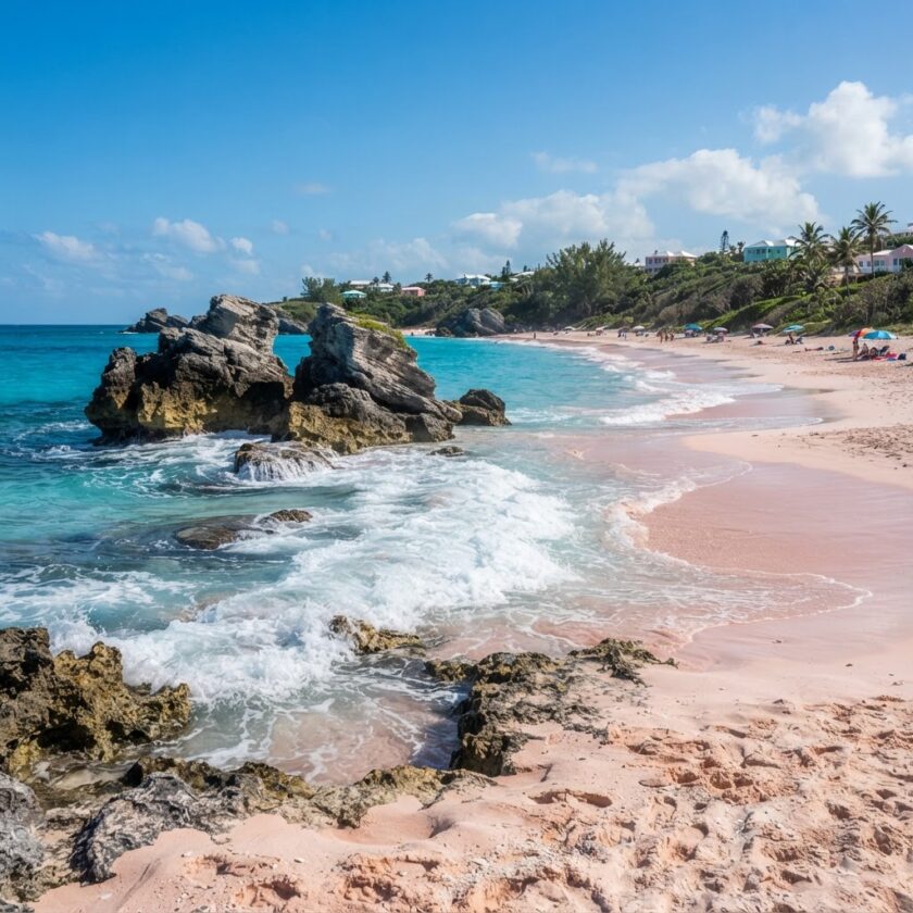 Praia de areia rosa e mar turquesa com formações rochosas nas Bermudas sob luz natural do dia.