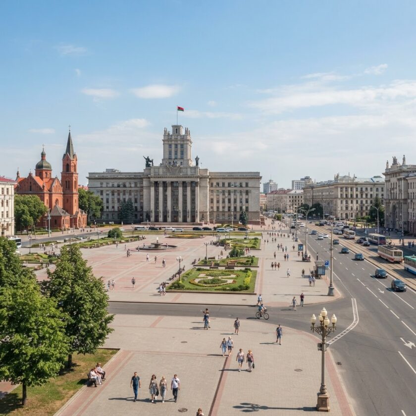 Edifícios históricos e avenidas da Praça da Independência em Minsk na Bielorrússia sob iluminação diurna natural.