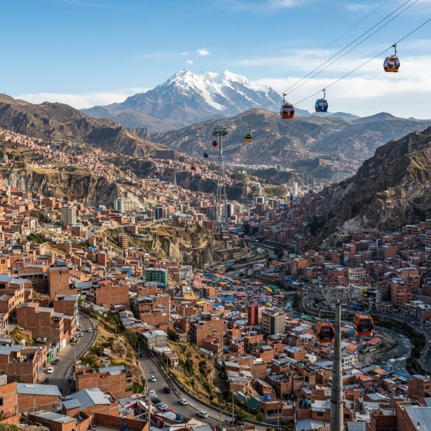Vista panorâmica da cidade de La Paz na Bolívia com o monte Illimani ao fundo e teleféricos sobre o vale sob luz do dia.