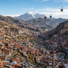 Vista panorâmica da cidade de La Paz na Bolívia com o monte Illimani ao fundo e teleféricos sobre o vale sob luz do dia.