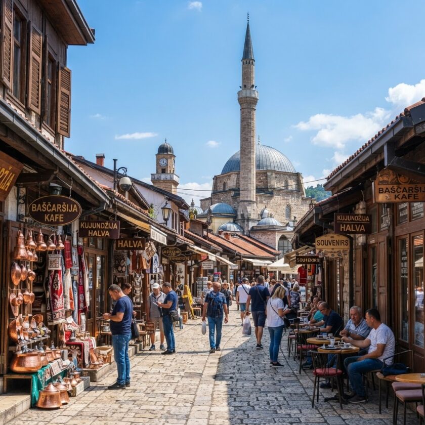 Vista da zona histórica de Baš?aršija em Sarajevo com lojas tradicionais de madeira e cúpulas otomanas ao amanhecer.