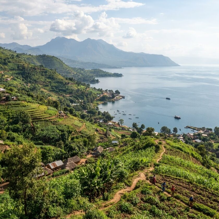 Vista do Lago Tanganica cercado por colinas verdes no Burundi.