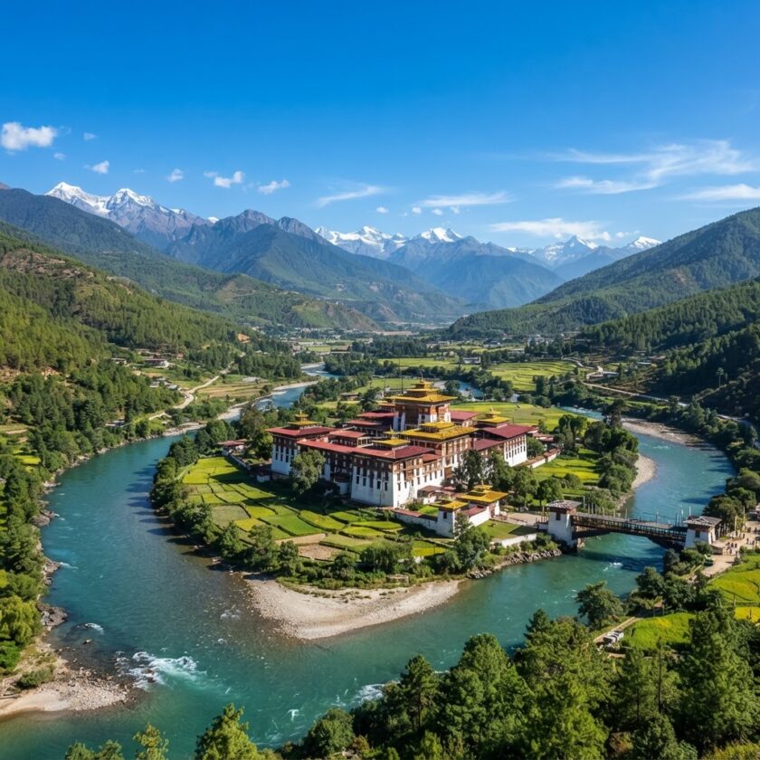 Vista do majestoso Punakha Dzong na confluência de rios rodeado pelas montanhas dos Himalaias no Butão.