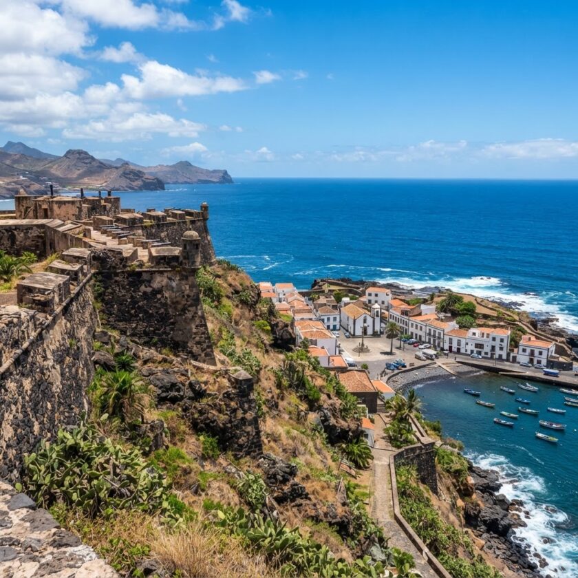 Vista das muralhas históricas da Cidade Velha com o Oceano Atlântico ao fundo em Cabo Verde.