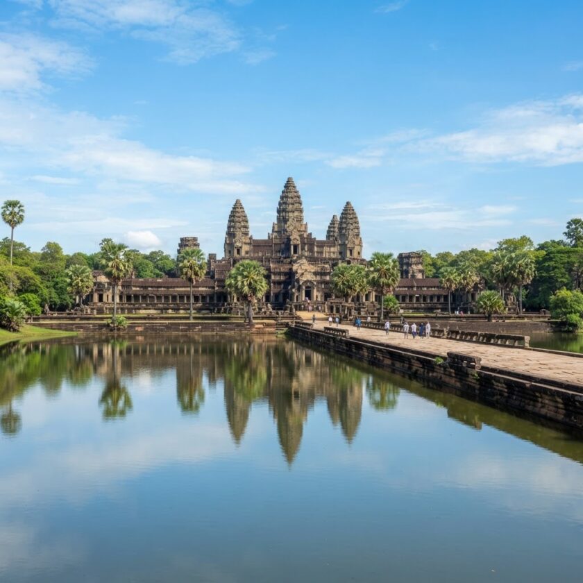 Fachada do complexo de templos de Angkor Wat refletida nas águas em Siem Reap, Camboja.