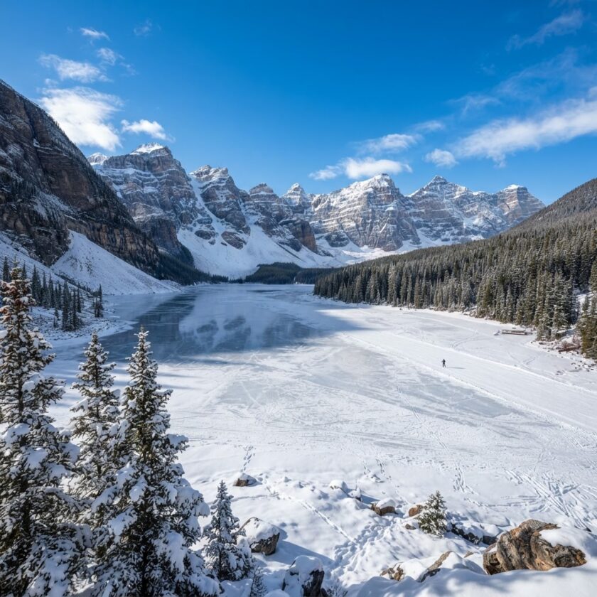 Paisagem de inverno no Canadá com montanhas nevadas e floresta de pinheiros.