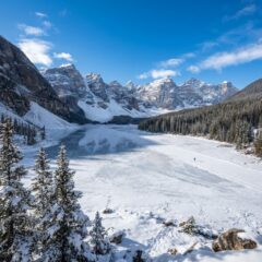 Paisagem de inverno no Canadá com montanhas nevadas e floresta de pinheiros.