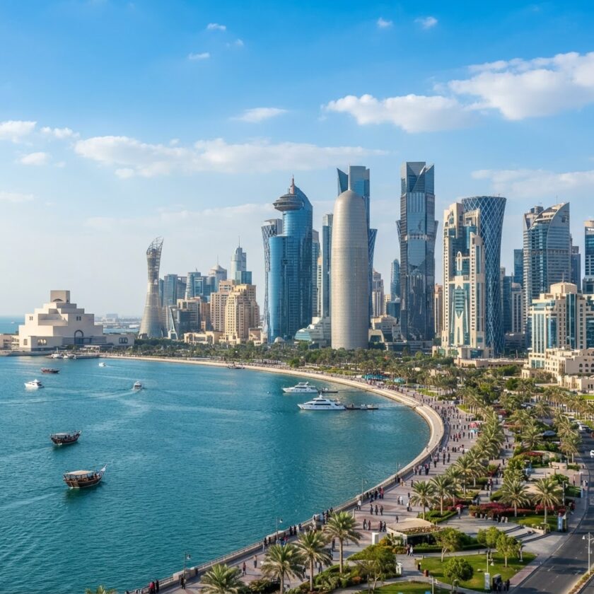 Vista dos arranha-céus modernos da orla marítima de Doha no Catar.