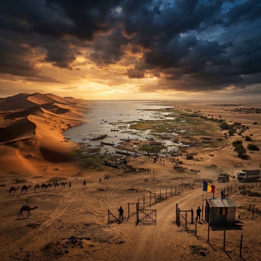 Vista de satélite da geografia do Chade, mostrando o lago Chade, o deserto do Saara e a região do Sahel.