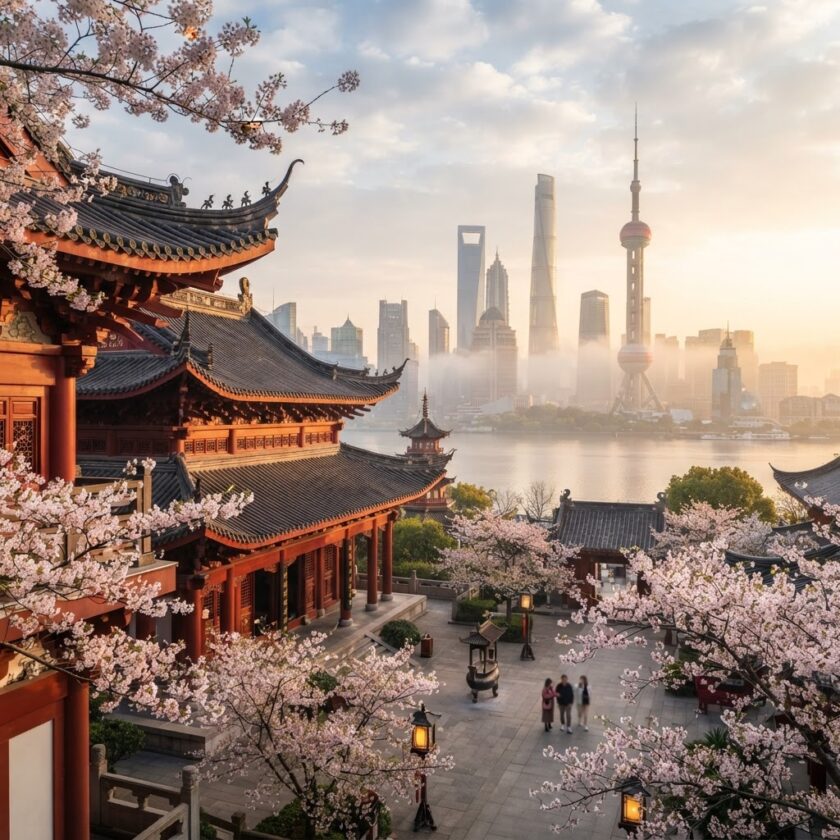 Pormenores arquitetónicos de um templo tradicional chinês com vista para os arranha-céus modernos sob iluminação natural suave