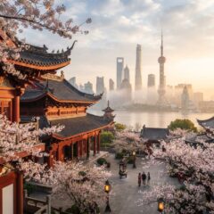 Pormenores arquitetónicos de um templo tradicional chinês com vista para os arranha-céus modernos sob iluminação natural suave