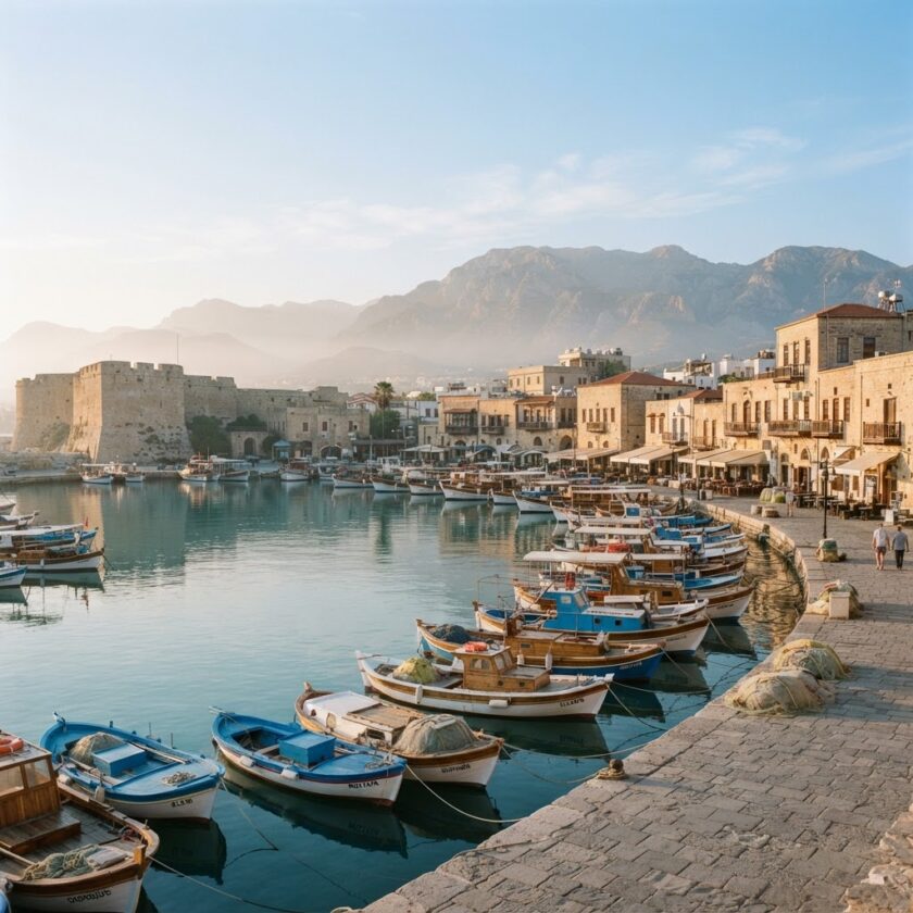 Vista serena do porto histórico de Kyrenia no Chipre do Norte sob a luz suave da manhã.
