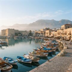 Vista serena do porto histórico de Kyrenia no Chipre do Norte sob a luz suave da manhã.