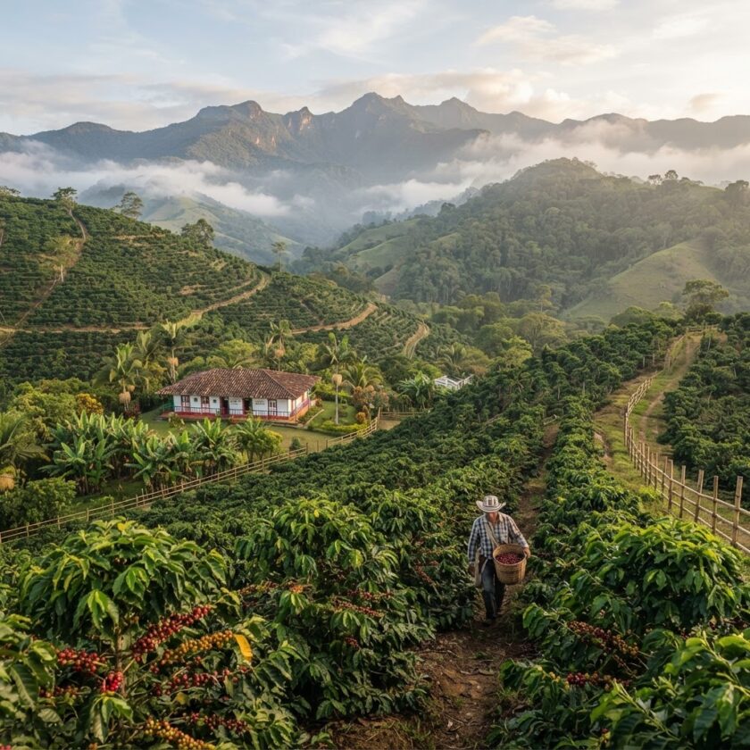 Plantação de café verdejante nas montanhas dos Andes da Colômbia sob a luz suave da manhã.