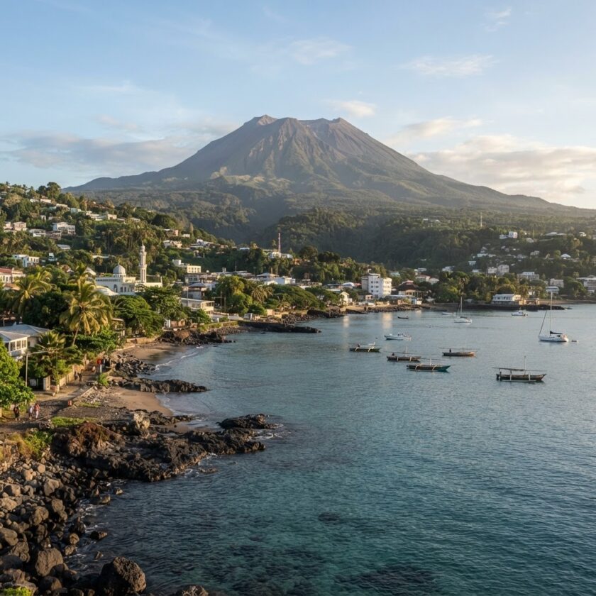 Paisagem serena do vulcão Mount Karthala e da costa tropical de Moroni nas Ilhas Comores.
