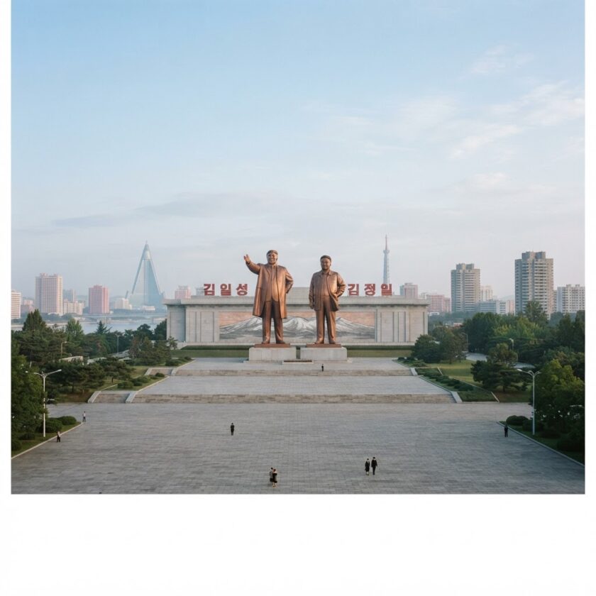 Vista monumental da praça do monumento Mansu Hill em Pyongyang na Coreia do Norte sob luz natural.