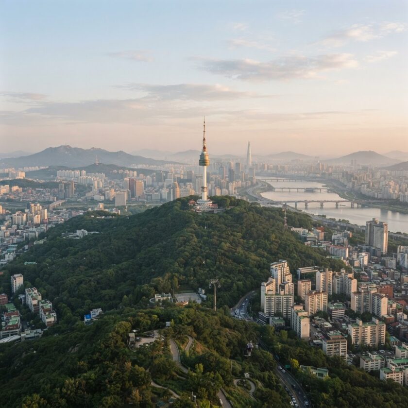 Panorama moderno da cidade de Seul na Coreia do Sul sob a luz suave da manhã.