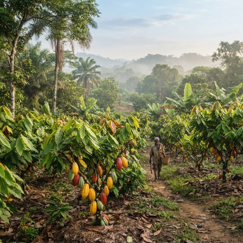Plantação de cacau com frutos maduros no campo rural da Costa do Marfim sob luz natural.