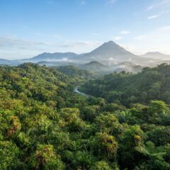 Floresta tropical e vulcões da Costa Rica cobertos por vegetação sob luz natural da manhã.