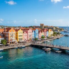 Fachadas coloniais holandesas coloridas alinhadas ao longo da baía de Sint Anna em Willemstad, Curaçau.