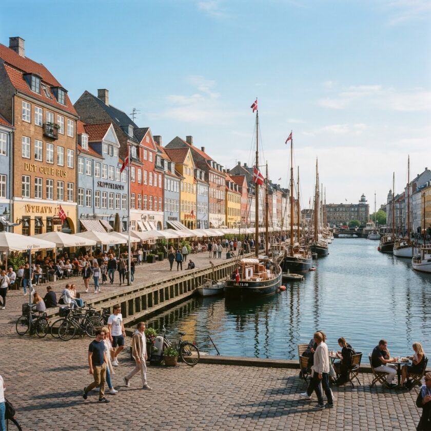 Edifícios históricas coloridos e barcos atracados no canal de Nyhavn em Copenhaga, Dinamarca.