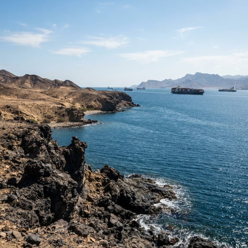 Paisagem árida da costa do Djibuti com o mar Vermelho e navios ao fundo.