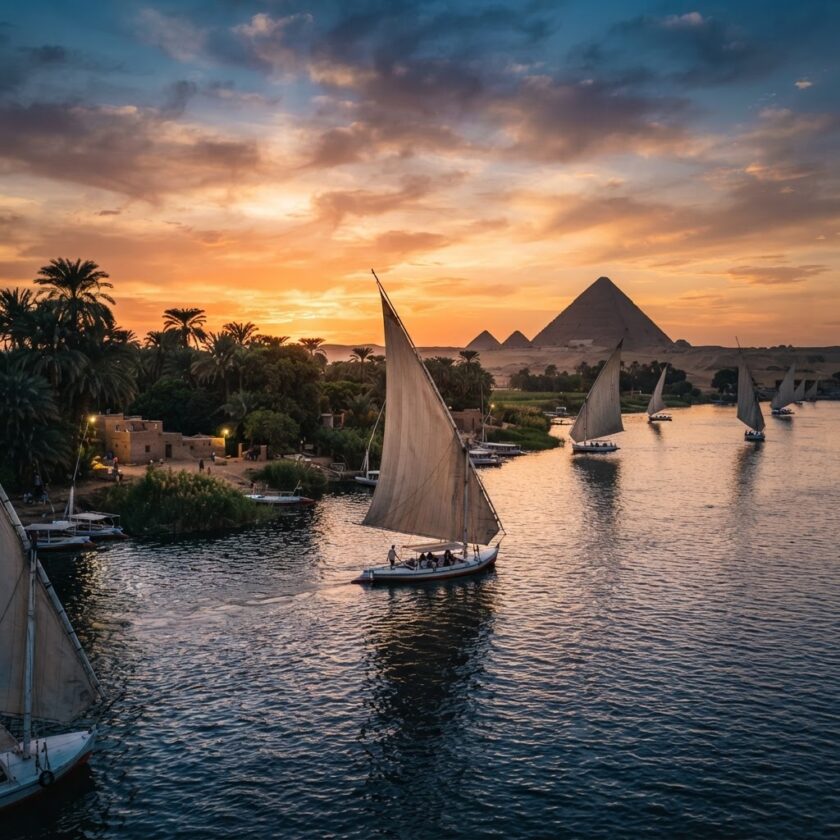 Barco felucca a navegar no rio Nilo com palmeiras e templos ao fundo no Egito.