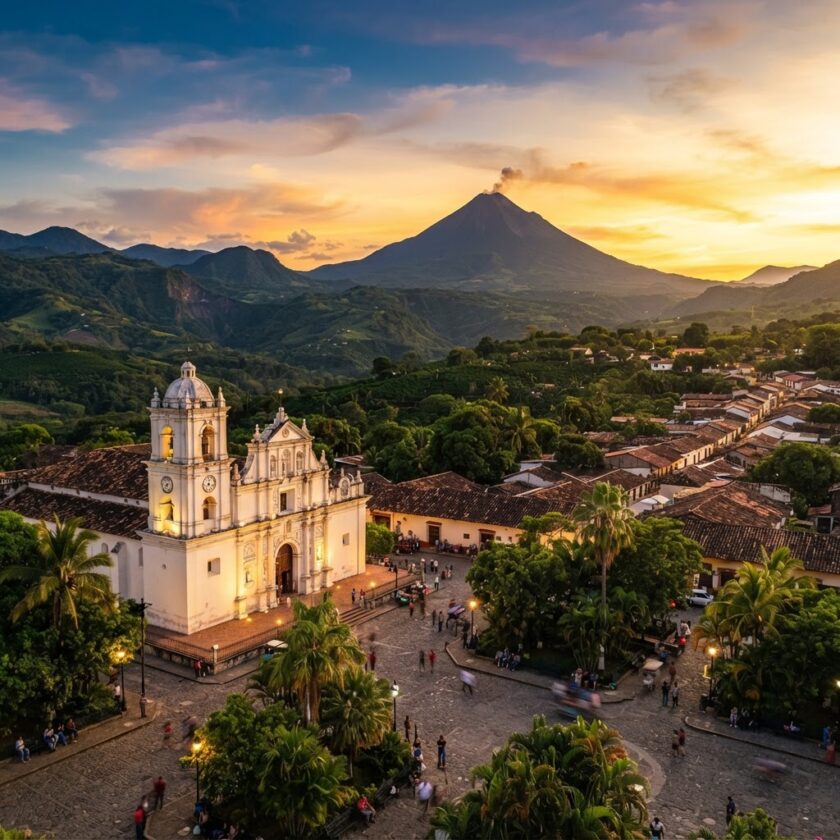 Vista de um vulcão e paisagem de vale em El Salvador sob um céu ao pôr do sol.